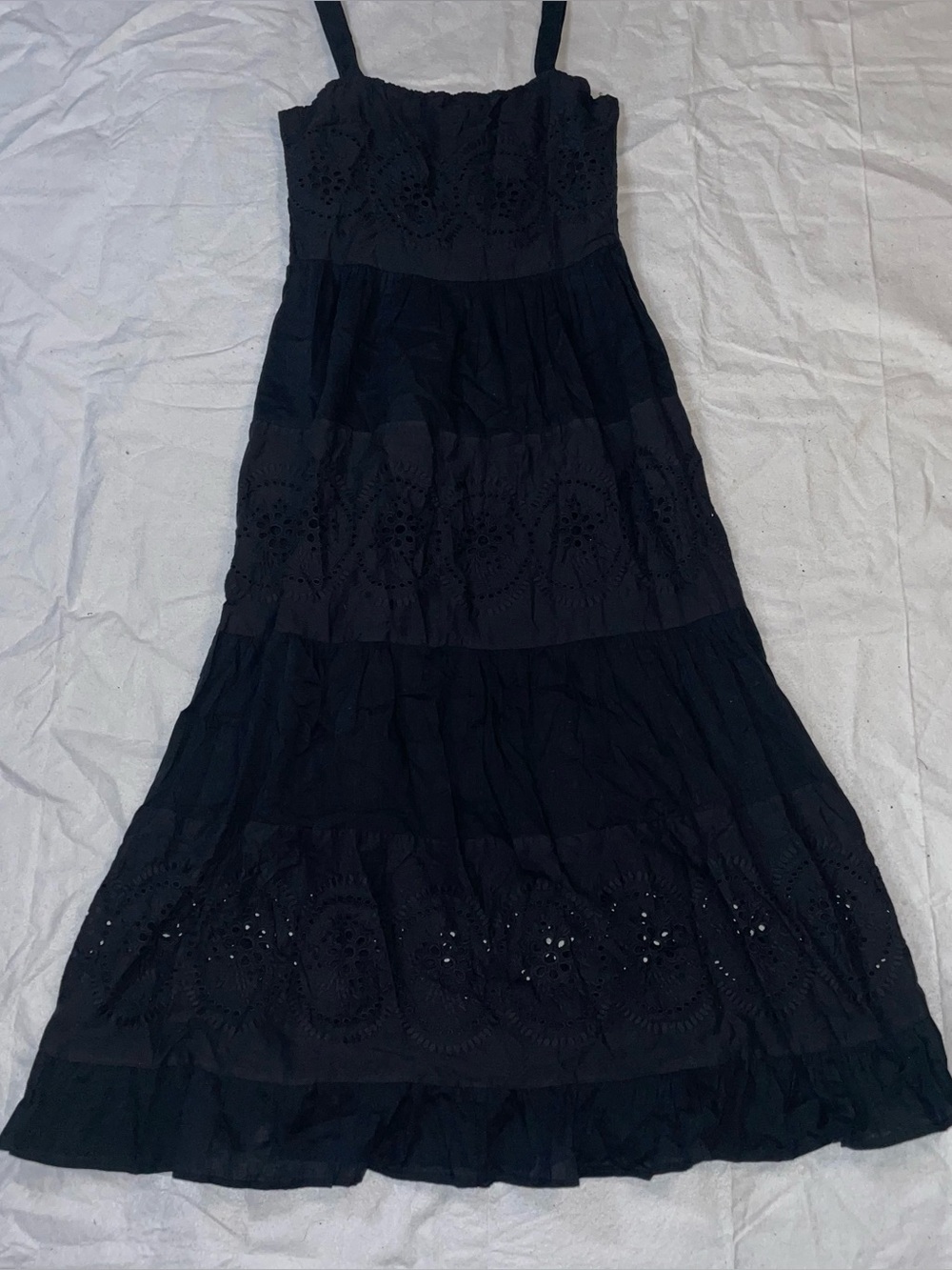NAOO Black Floral Cutout Eyelet Pattern Fit N Flare Adjustable Strap L Dress